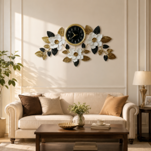 Black Gold Floral Metal Wall Clock