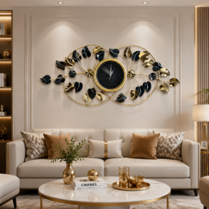 Black Gold Leaf Wrought Iron Wall Clock | Luxury Metal Home Decor
