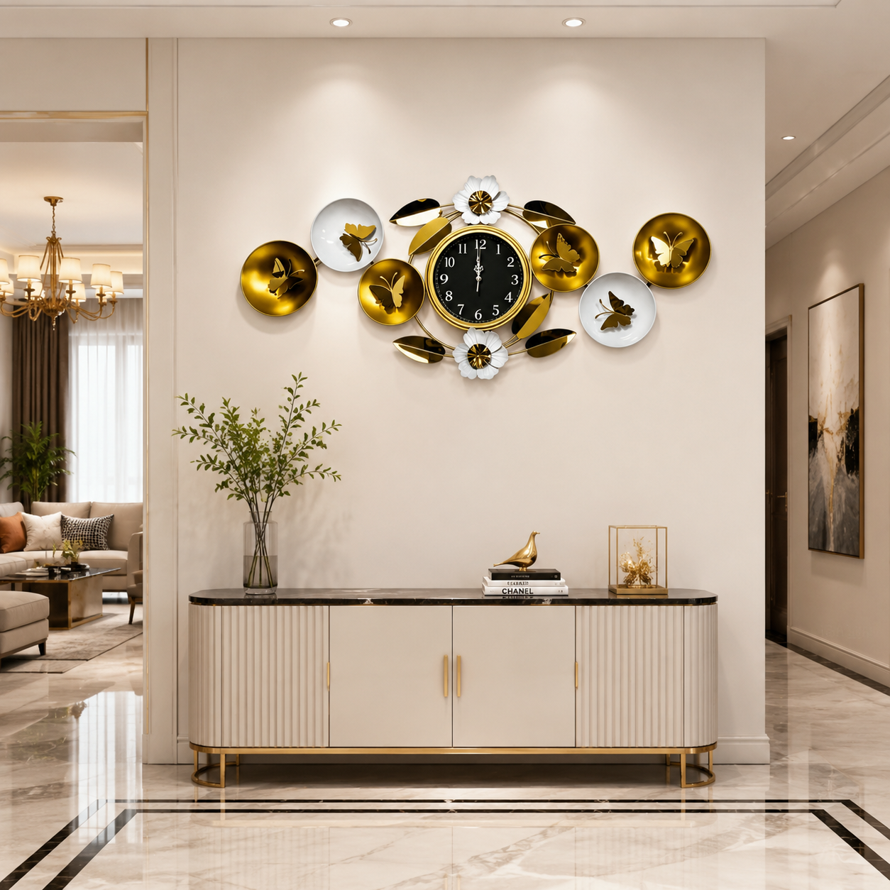 Luxury Floral Butterfly Wall Clock