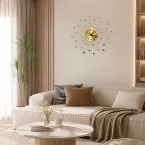 Golden Metal Sunburst Crystal Wall Clock