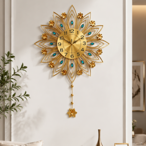 Golden Floral Pendulum Wall Clock