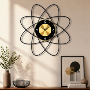 Black Atom Shaped Metal Decor Wall Clock