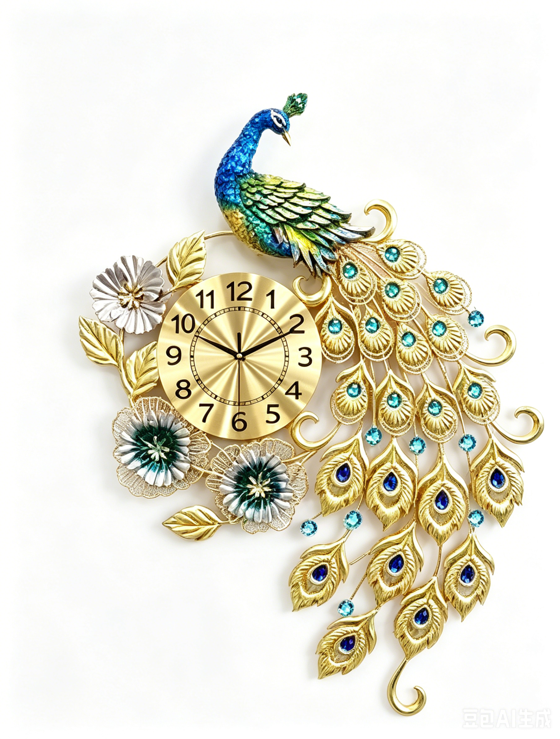 Single Peacock Curly Floral Metal Wall Clock - Image 2