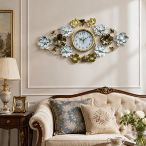 Golden Lotus Clock Metal Wall Art  Floral Decor