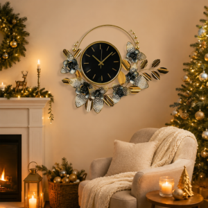 Black Gold Floral Metal Ring Silent Wall Clock