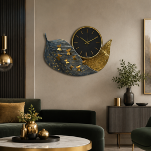 Modern Blue Gold Leaf Butterfly Metal Decor Clock