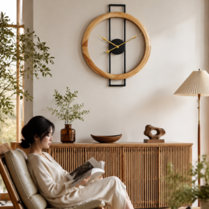 Minimalist Wood Frame Geometric Metal Wall Clock