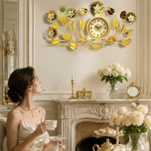 Luxury Horizontal Golden Leaf Floral Wall Clock
