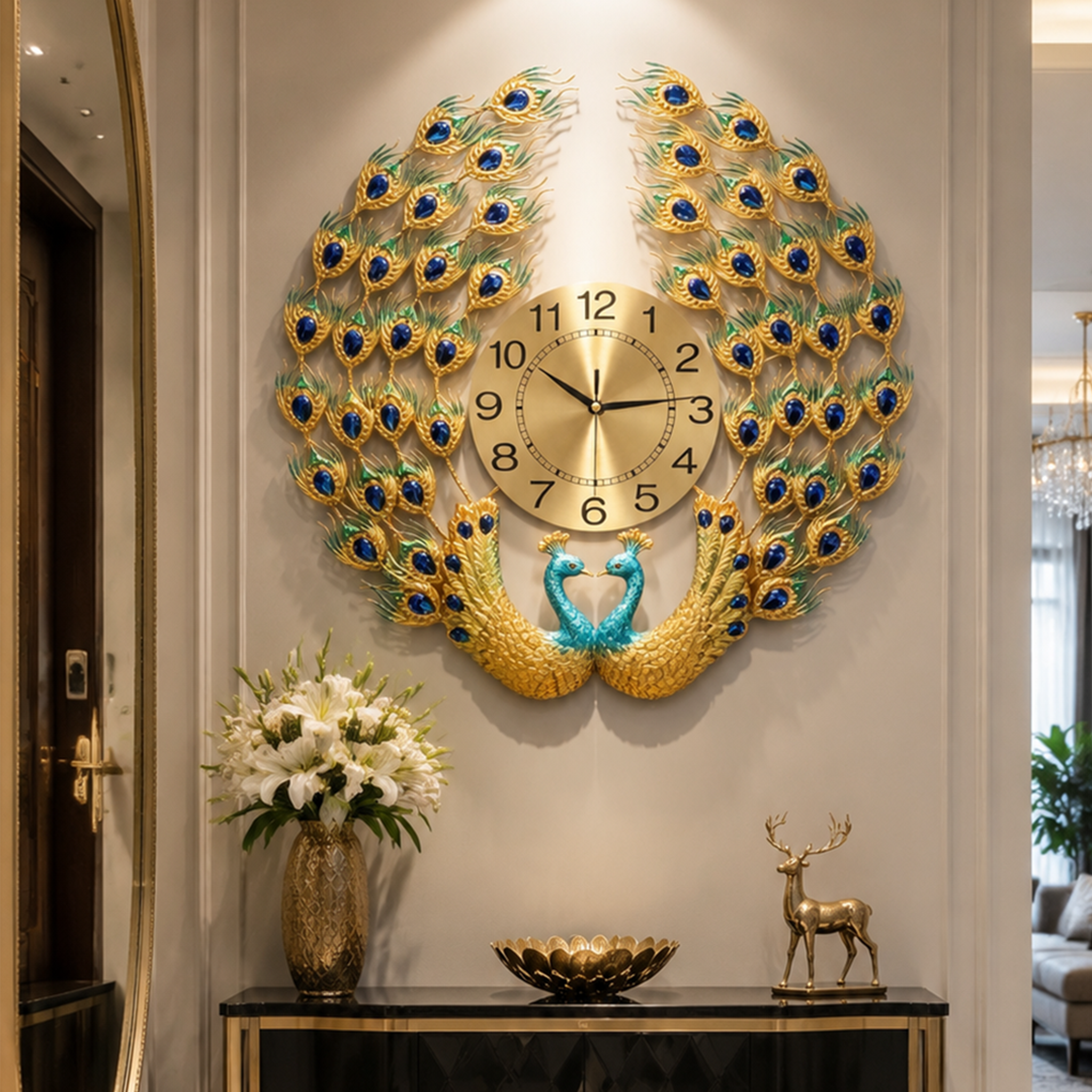 Dual Peacock Rhinestone Luxury Wall Clock