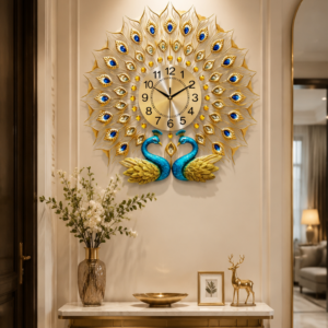 Symmetric Twin Peacock Crystal Wall Clock
