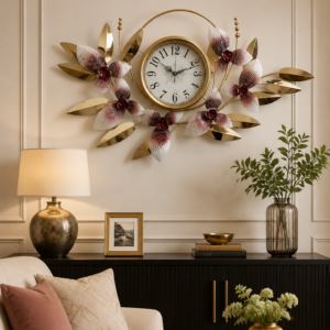 Luxury Purple Orchid Floral Metal Wall Clock