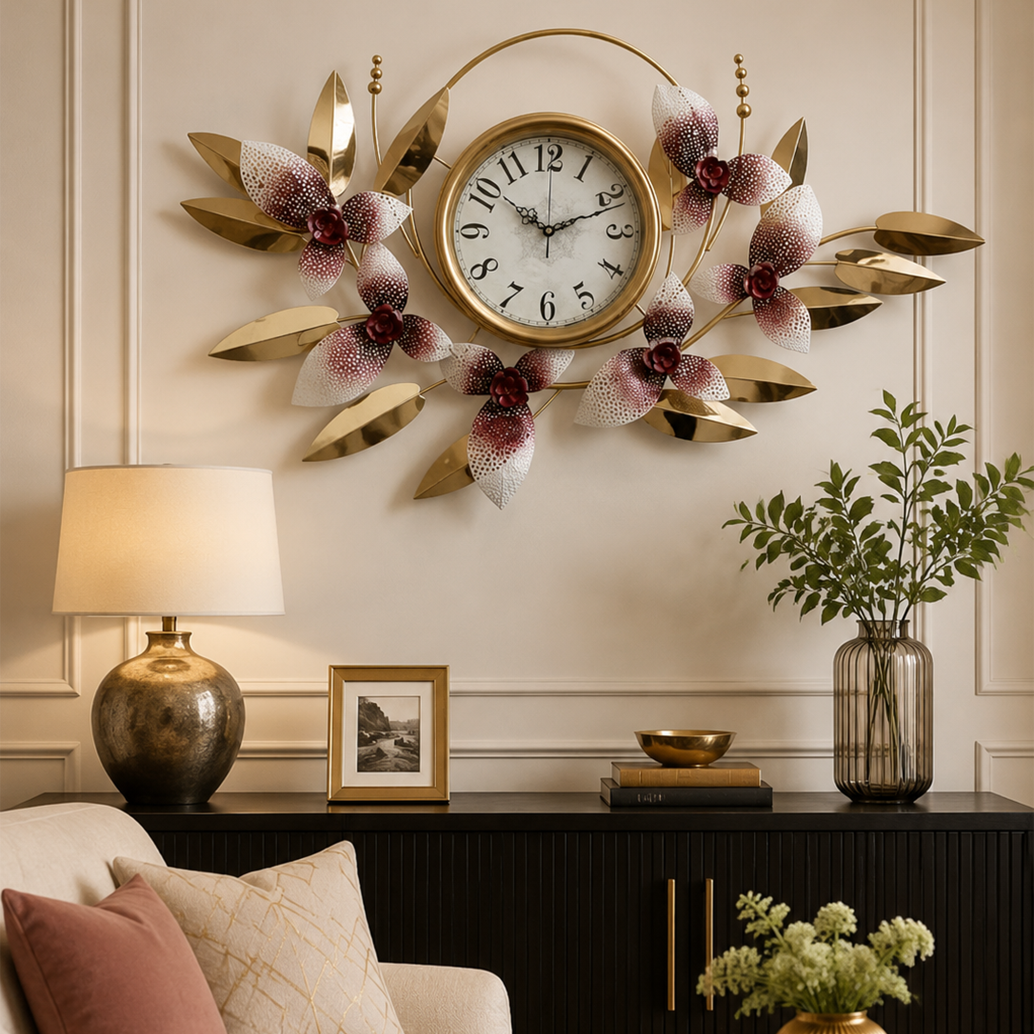 Luxury Purple Orchid Floral Metal Wall Clock