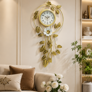 Golden Leaf Floral Pendulum Wall Clock