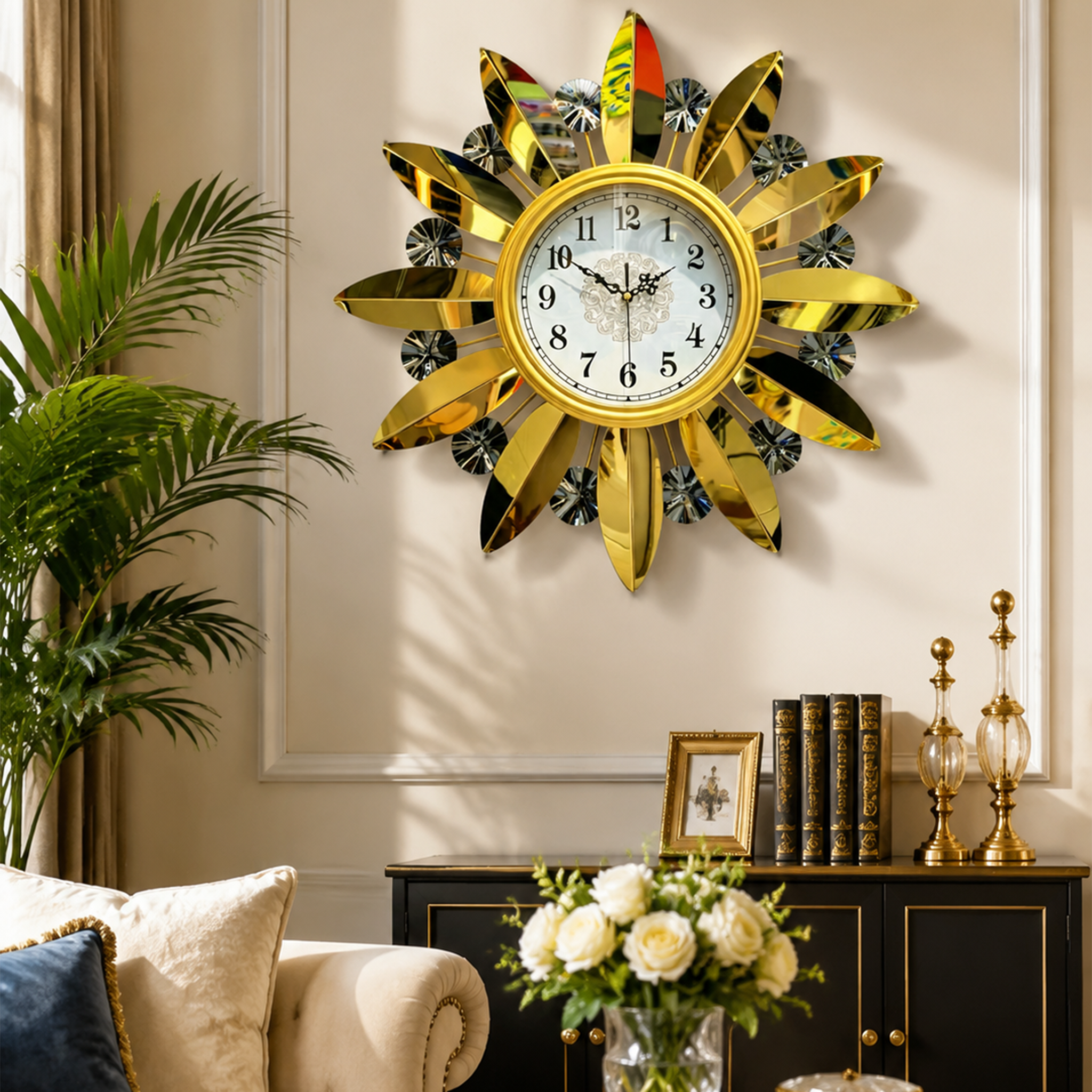 Golden Sunburst Crystal Wall Clock