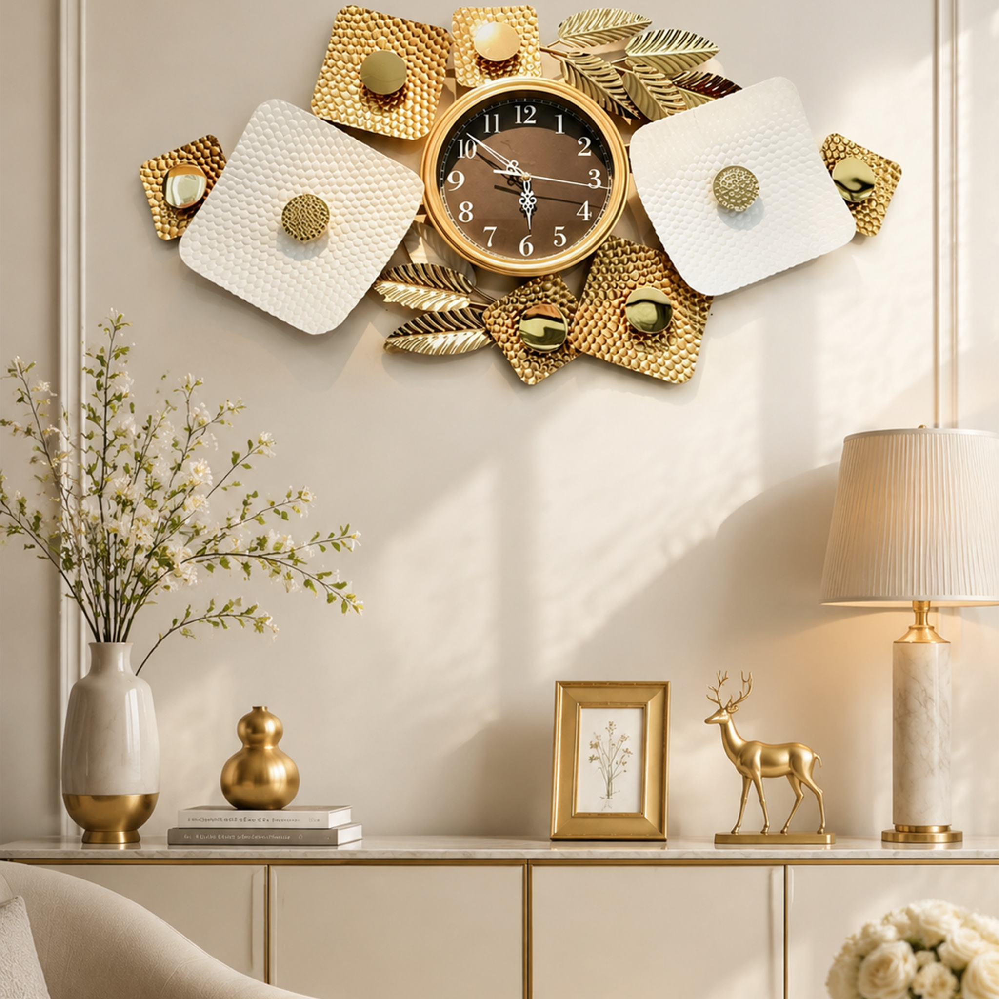Horizontal Gold Leaf Metal Wall Clock