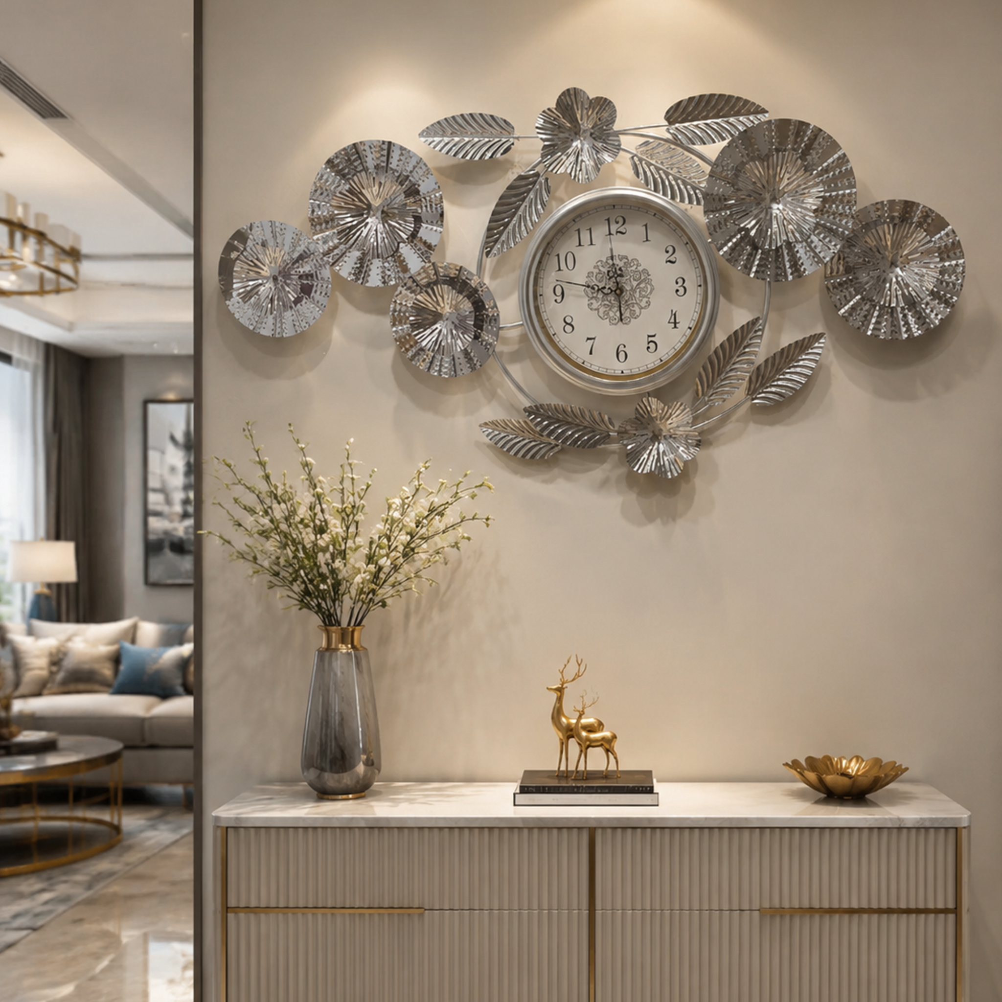 Light Luxury Silver Floral Metal Silent Wall Clock