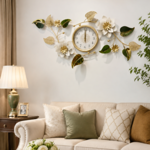White Flower Gold Leaf Decor Silent Wall Clock