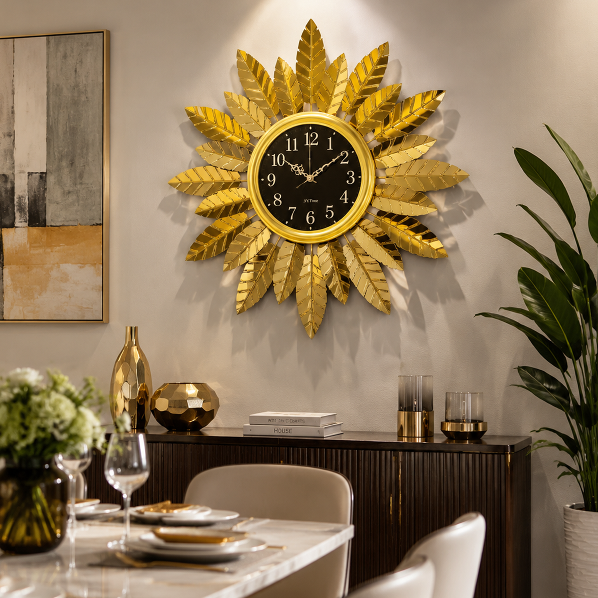 3D Mirror Golden Leaf Silent Metal Wall Clock