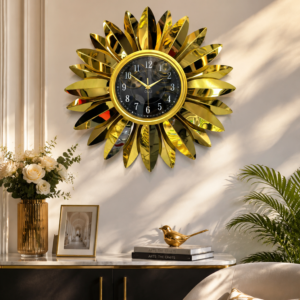 Mirror Golden Sunflower Silent Metal Wall Clock