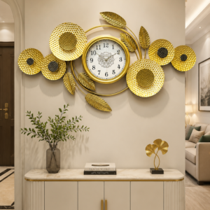 3D Hammered Golden Floral Silent Metal Wall Clock