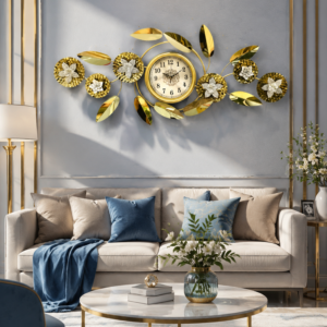 Golden Floral Leaf Metal Wall Clock
