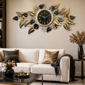 Black Gold Leaf Metal Decor Wall Clock