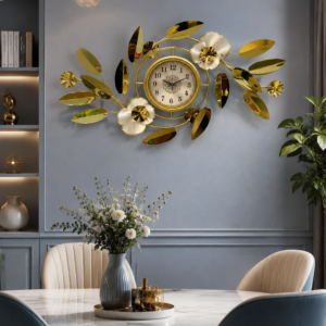 Gold Leaf White Flower Art Wall Clock