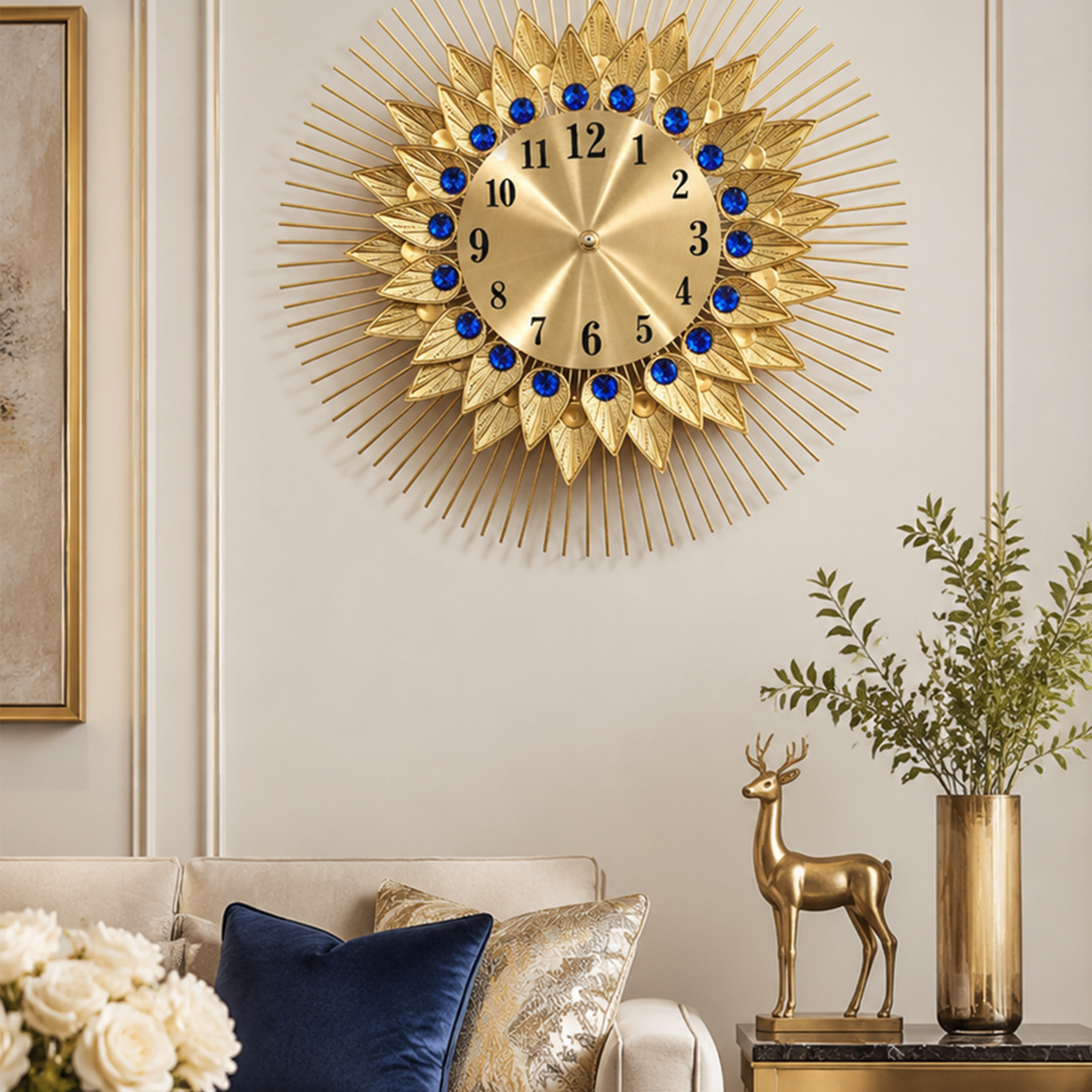 Golden Leaf Crystal Sunburst Wall Clock