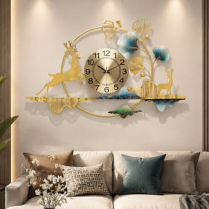Golden Deer Ginkgo Metal Decor Wall Clock