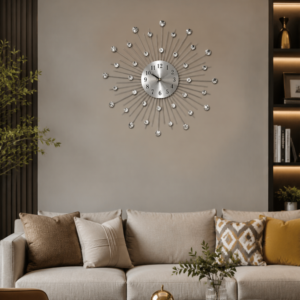 Silver Metal Sunburst Crystal Wall Clock