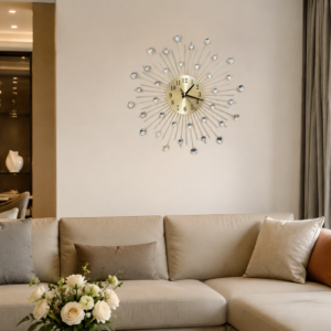 Gold Metal Sunburst Crystal Wall Clock