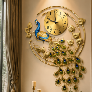 Crescent Golden Peacock Metal Wall Clock