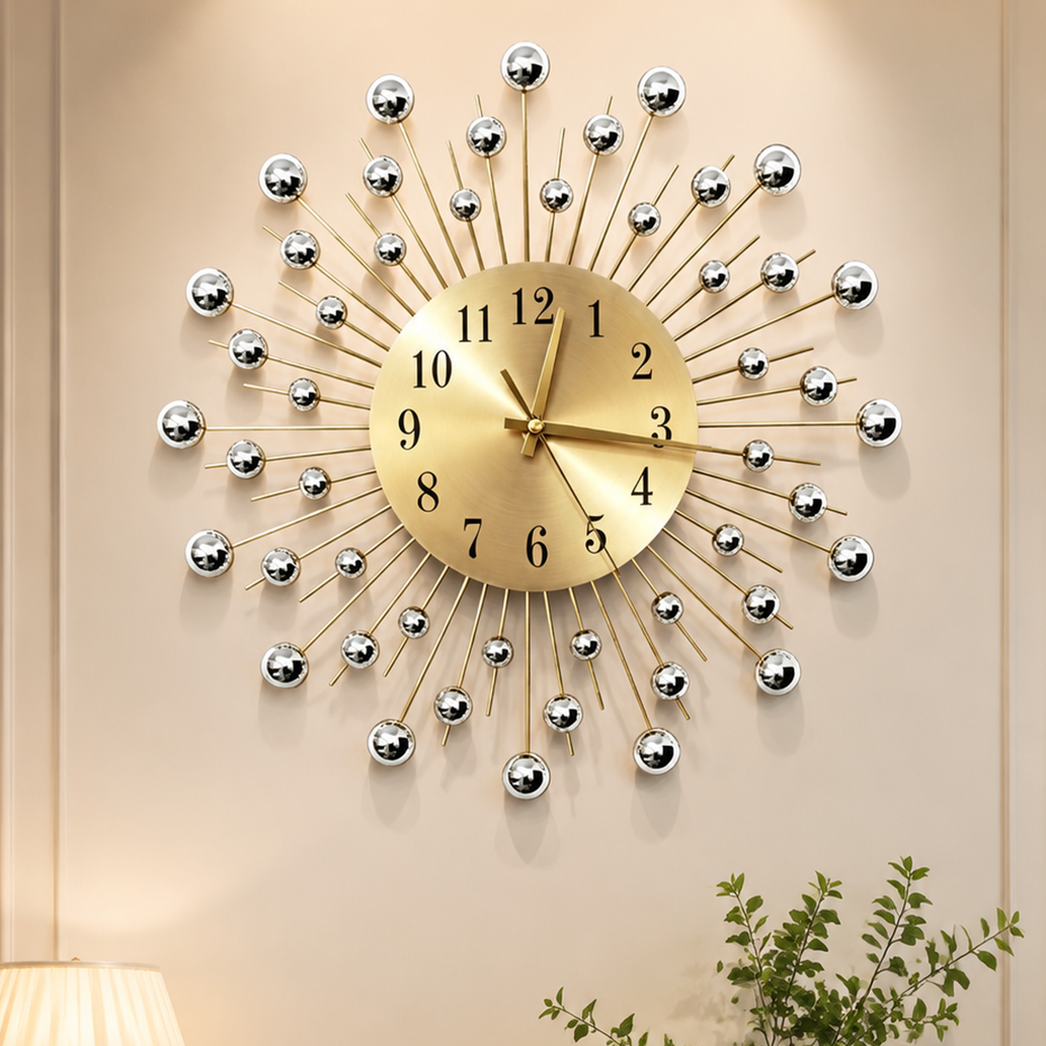 Golden Sunburst Metal Wall Clock with Silver Balls