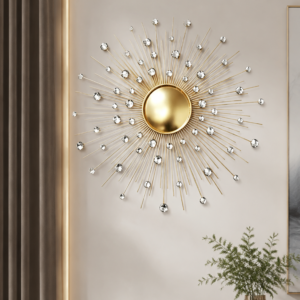 Modern Golden Sunburst Metal Wall Sculpture