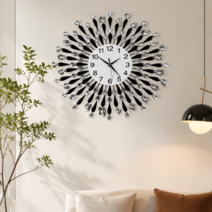 Black Teardrop Crystal Sunburst Metal Wall Clock