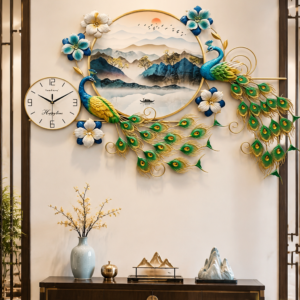 Oriental Landscape Twin Peacock Silent Wall Clock