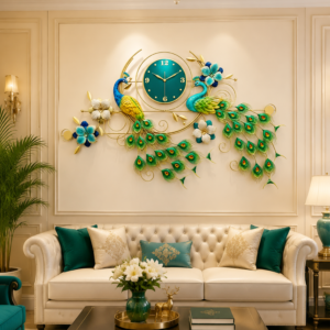 Double Peacock Floral Metal Wall Clock