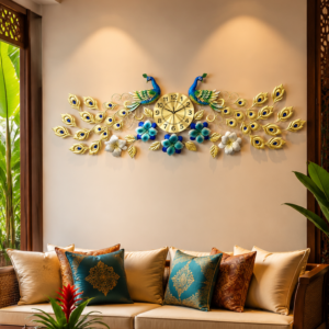 Golden Double Peacock Decor Wall Clock