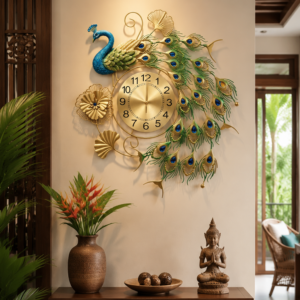 Peacock Floral Ginkgo Metal Wall Clock
