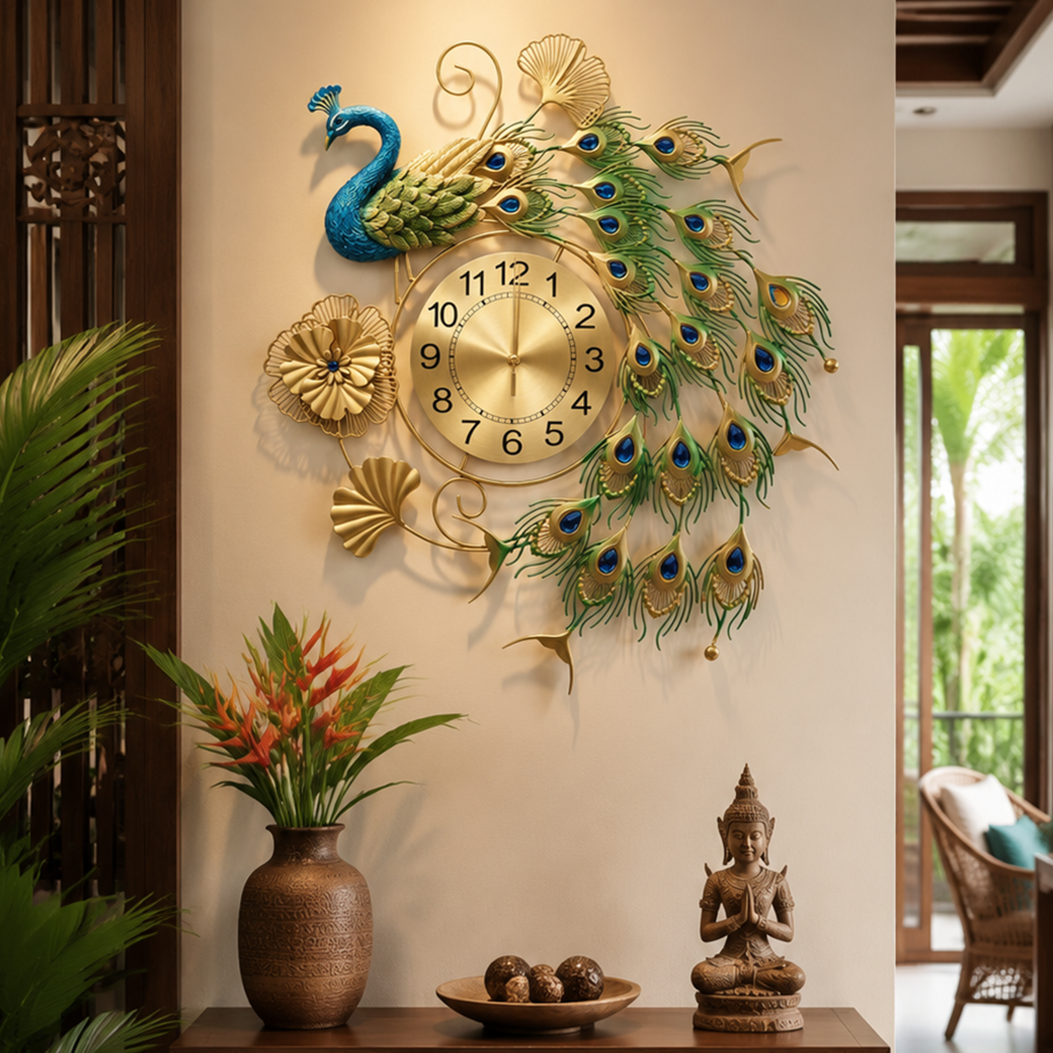 Peacock Floral Ginkgo Metal Wall Clock