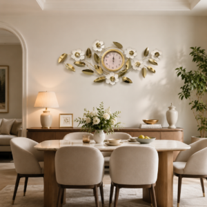White Blossom Gold Floral Wall Clock