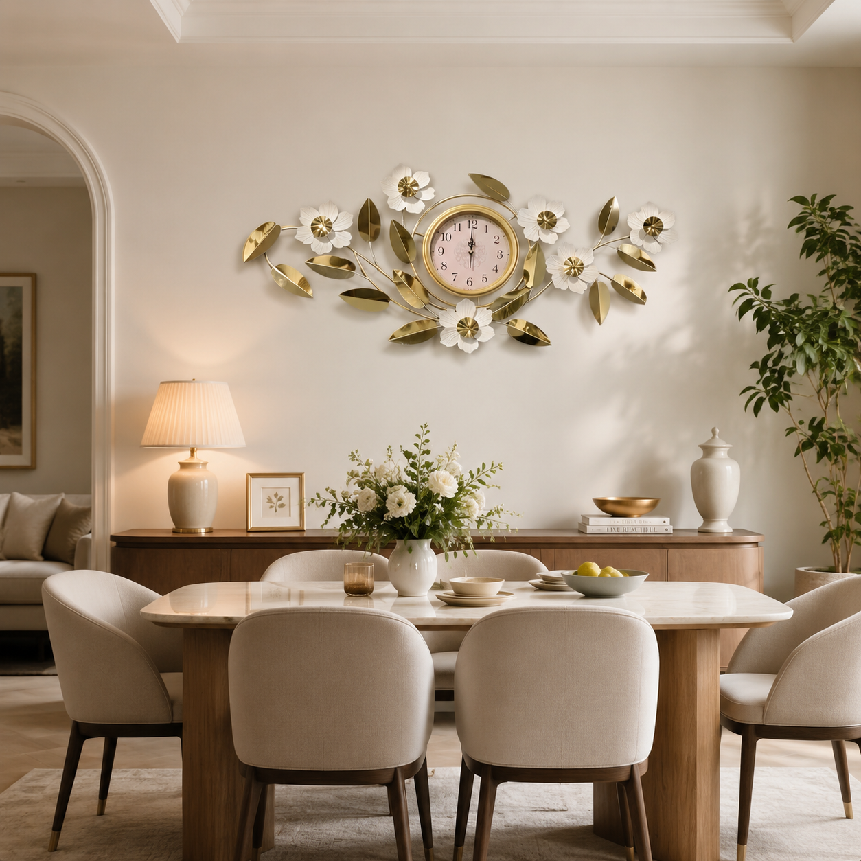 White Blossom Gold Floral Wall Clock