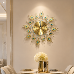 Golden Peacock Feather Crystal Decor Wall Clock