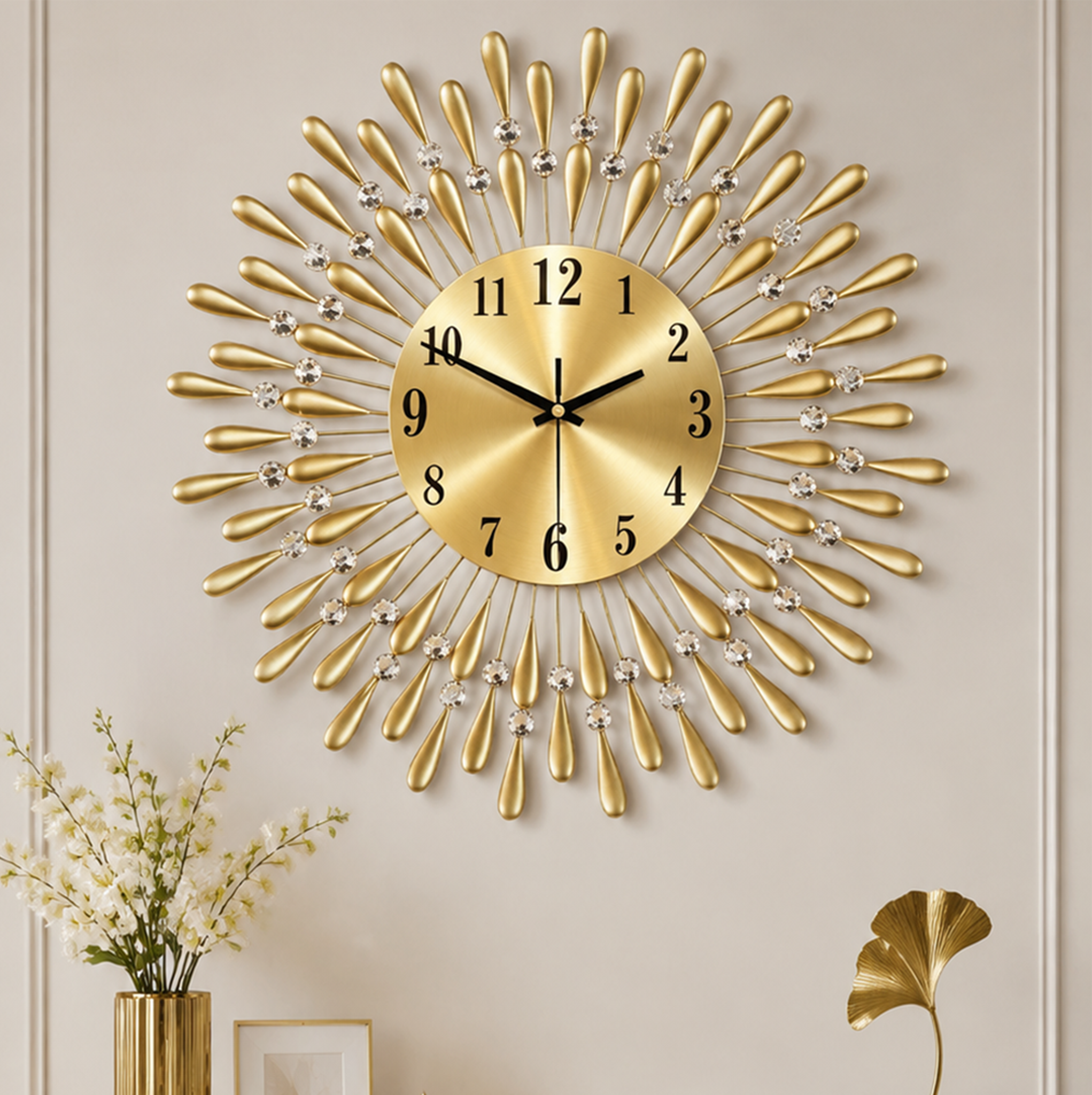 Teardrop Crystal Sunburst Metal Wall Clock