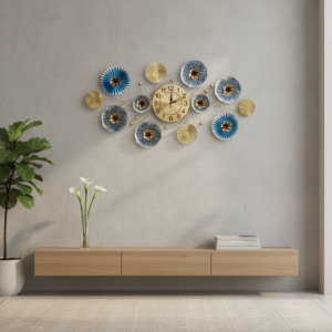 Horizontal Blue Golden Floral Metal Wall Clock