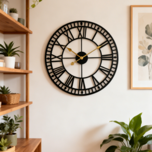 Black Roman Numeral Skeleton Metal Wall Clock