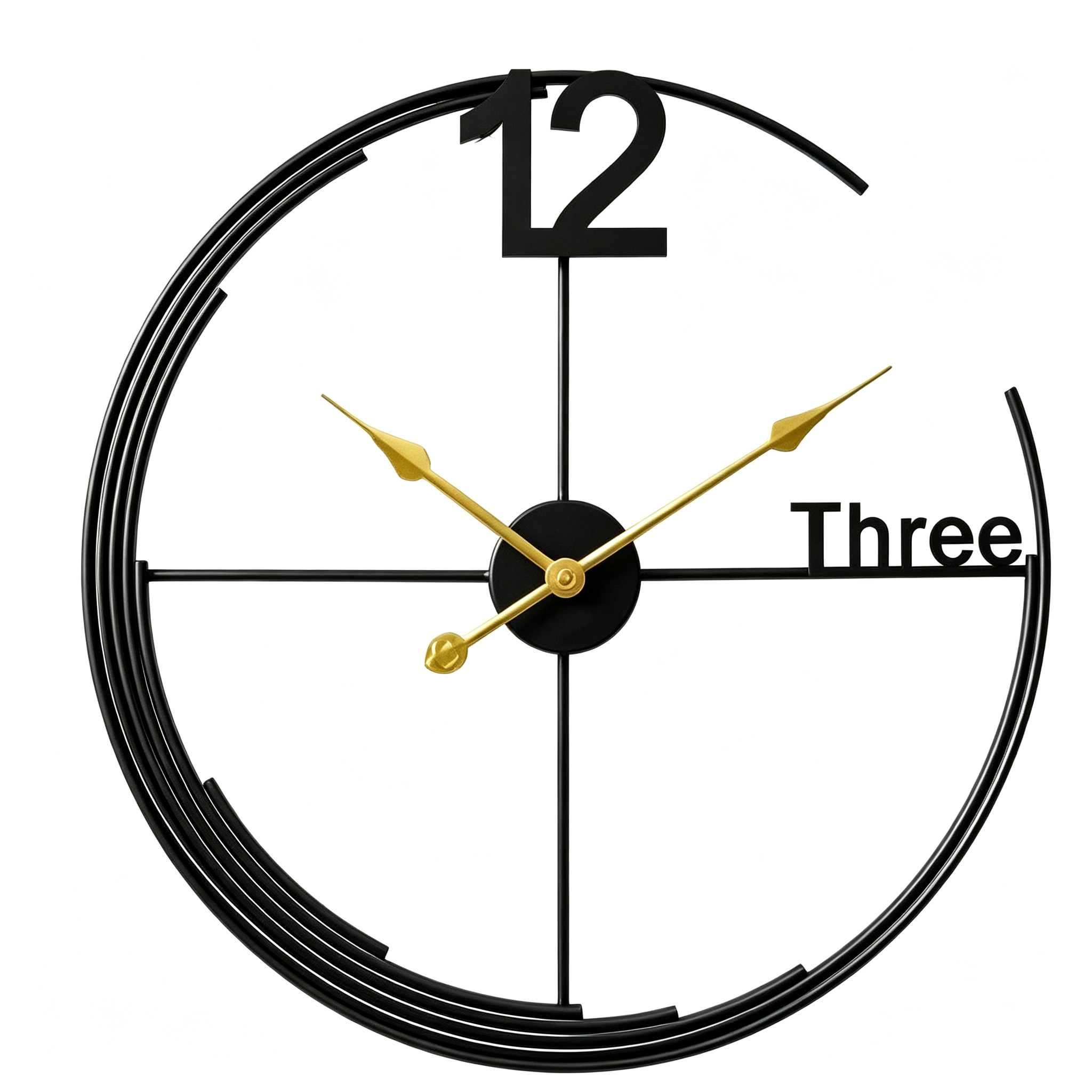 Minimalist Black Frame Gold Hands Metal Wall Clock - Image 2