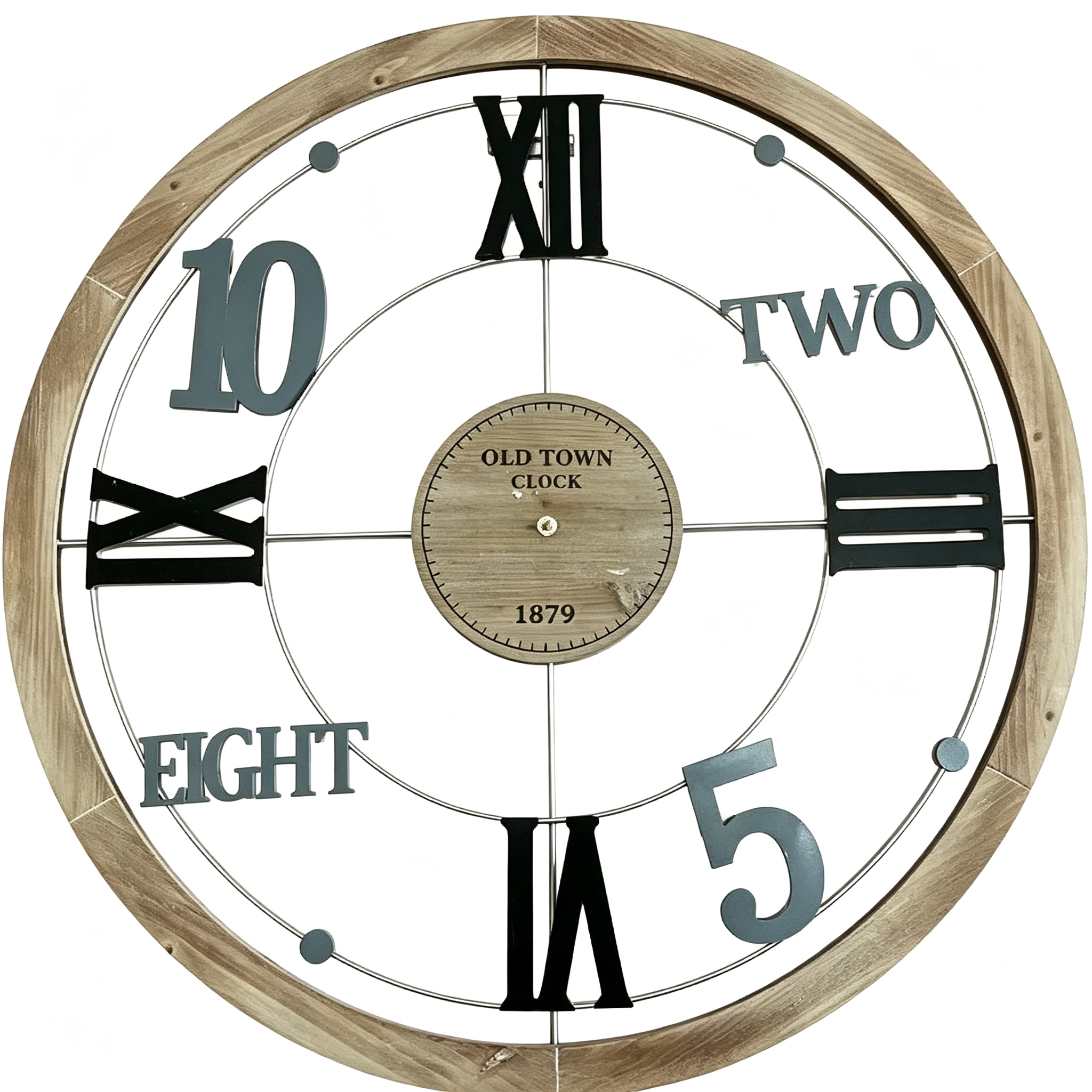 Vintage Wood Frame Roman Numeral Metal Wall Clock - Image 2