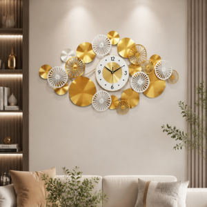 Gold White Floral Metal Wall Clock