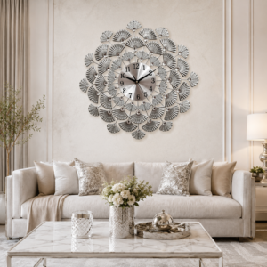 Silver Fan‑Shaped Rhinestone Metal Wall Clock